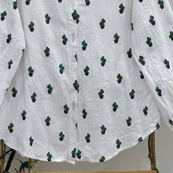 White Button Down Blouse With Green Cactus Print - Picture 3 of 4